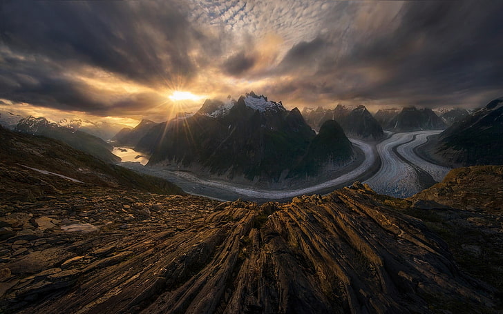 aerial view of mountain, mountains, sunset, nature, Alaska, glaciers