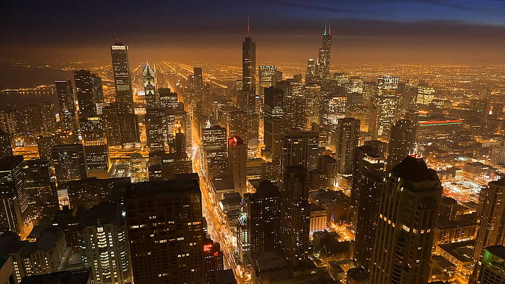aerial view of cityscape, skyscraper, lights, night, Chicago