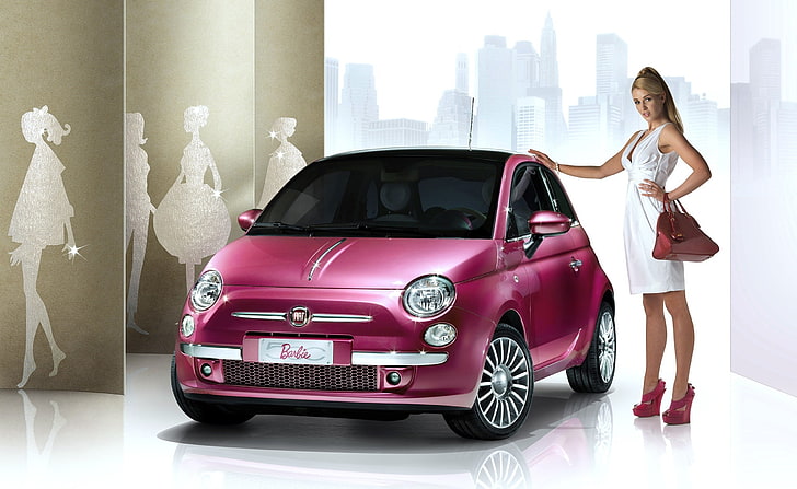 Fiat 500 Barbie, pink 3-door hatchback, Cars, pink car, pink fiat, HD wallpaper