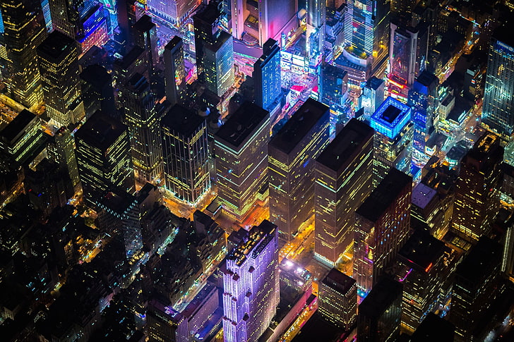 aerial view photo of city, New York City, Times Square, USA, night, HD wallpaper
