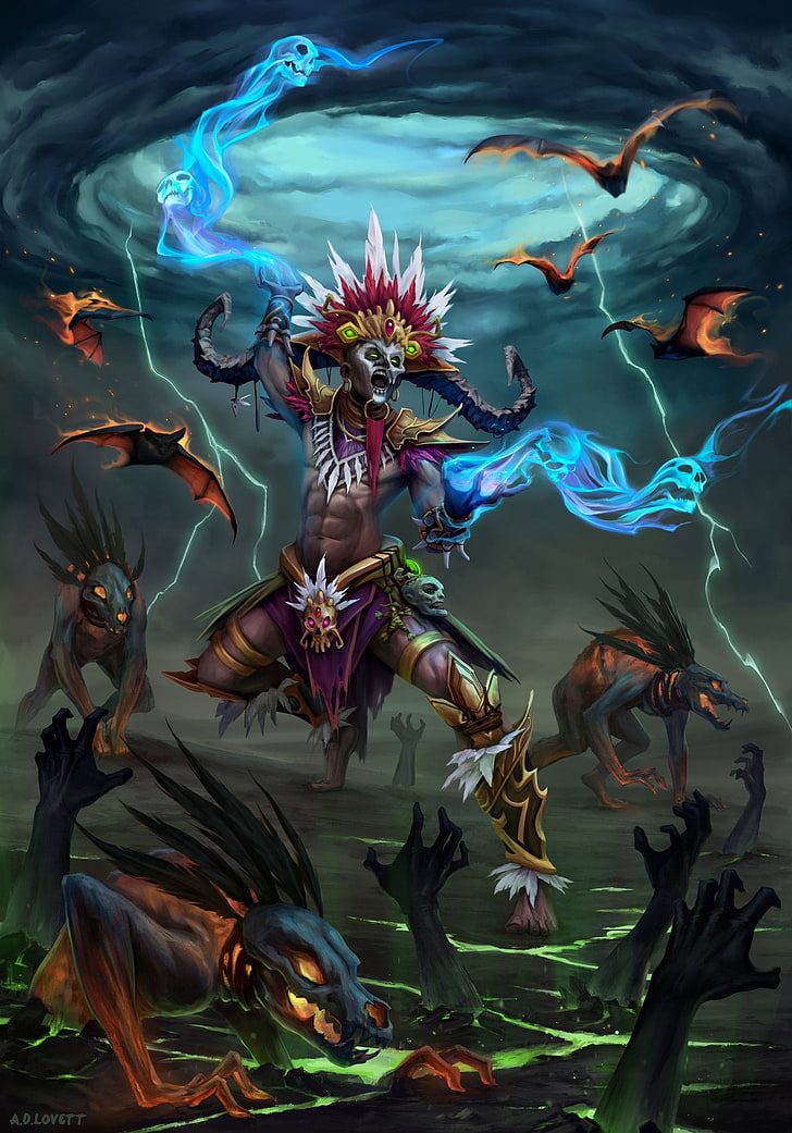 animated skull and bat character digital wallpaper, witch doctor