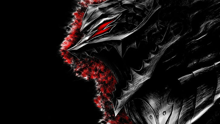 berserk armor guts kentaro miura, red, black background, close-up