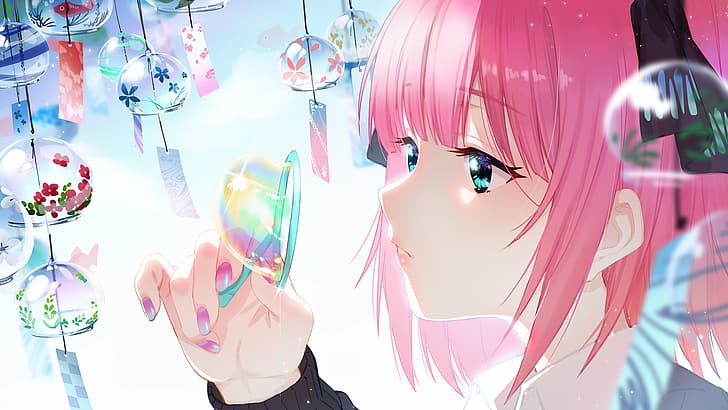 anime, anime girls, Nakano Nino, aqua eyes, pink hair, pink nails