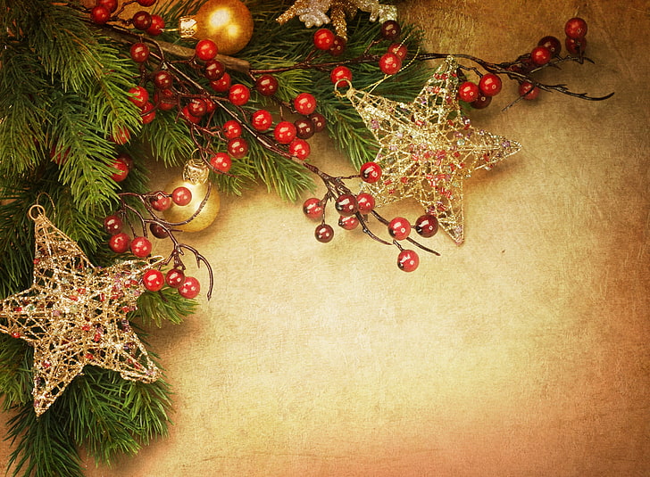 green and red Christmas tree decor, stars, balls, decoration, HD wallpaper