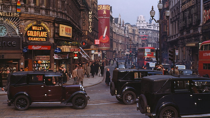 assorted vehicles, Kodachrome, street, vintage, classic car, London, HD wallpaper