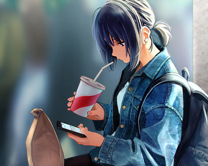HD wallpaper: anime girl, drinking, smartphone, slice of life, short hair |  Wallpaper Flare
