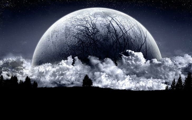 La Luna, paisaje, noche, oscuridad, 3d and abstract, HD wallpaper