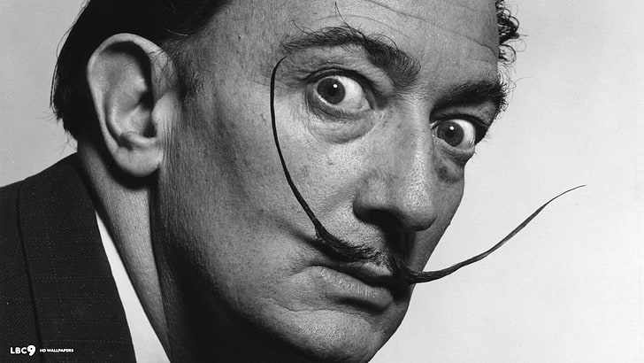 man with mustache, Salvador Dalí, painters, moustache, monochrome, HD wallpaper