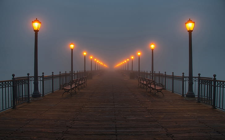 fog, lamps, pier, water