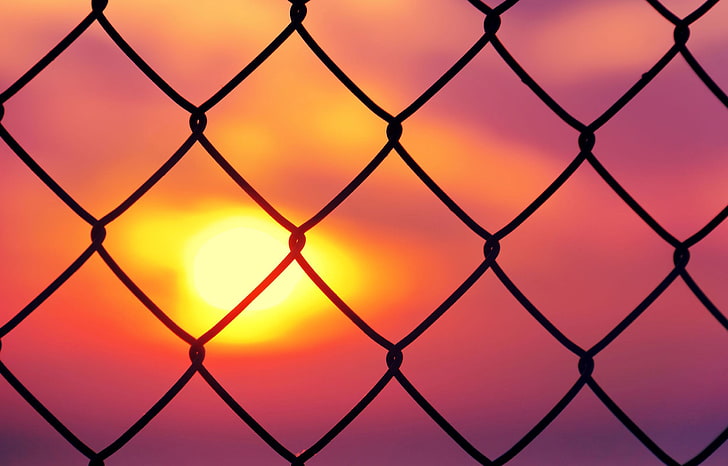 black cyclone wire fence, the sky, the sun, sunset, background, HD wallpaper