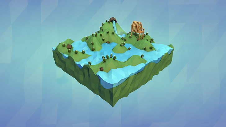 low poly, digital art, blue, nature, no people, green color