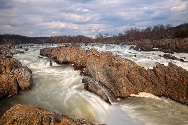 rocky river under white clouds, great falls, great falls, HDR