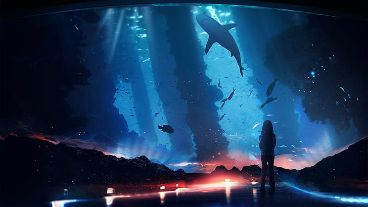 CG, digital art, shark, people, underwater