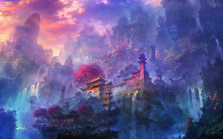 temple on rock formation illustration, fantasy art, fantasy city, HD wallpaper