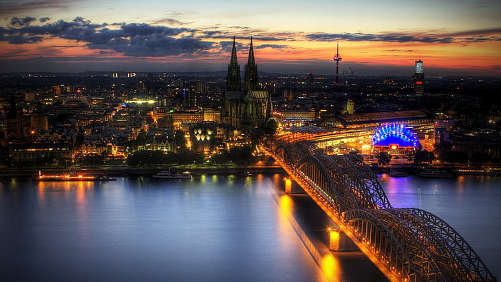 aerial photo of illuminated city, cityscape, bridge, building, HD wallpaper