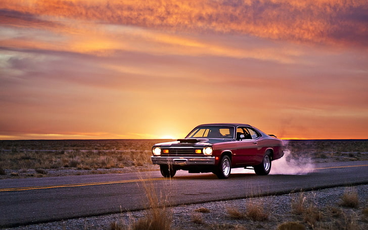red and black coupe, road, sunset, muscle car, plymouth duster, HD wallpaper