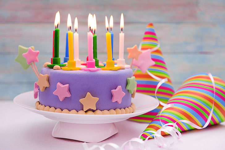purple fondant cake, candles, sweet, decoration, Happy, Birthday, HD wallpaper