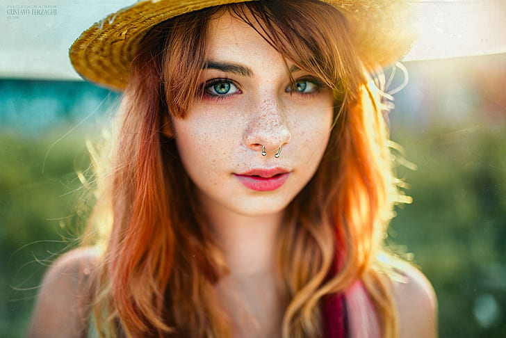 women, face, portrait, hat, redhead, nose rings, freckles, pierced septum
