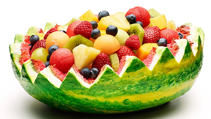 Watermelon basket, berries, strawberries, kiwi, fruit dessert