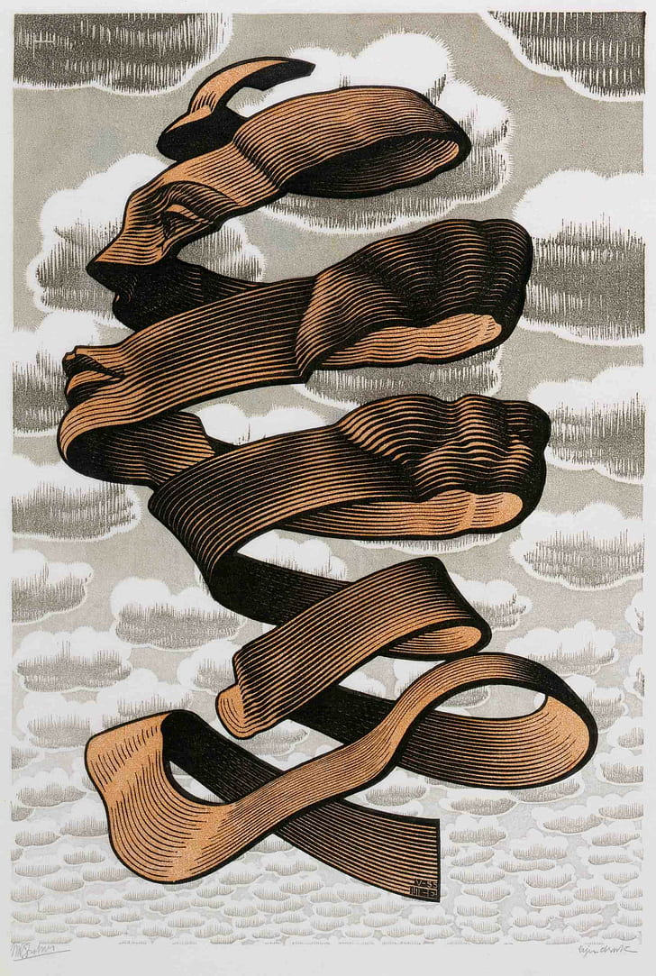 artwork, optical illusion, M. C. Escher, drawing, portrait display, HD wallpaper