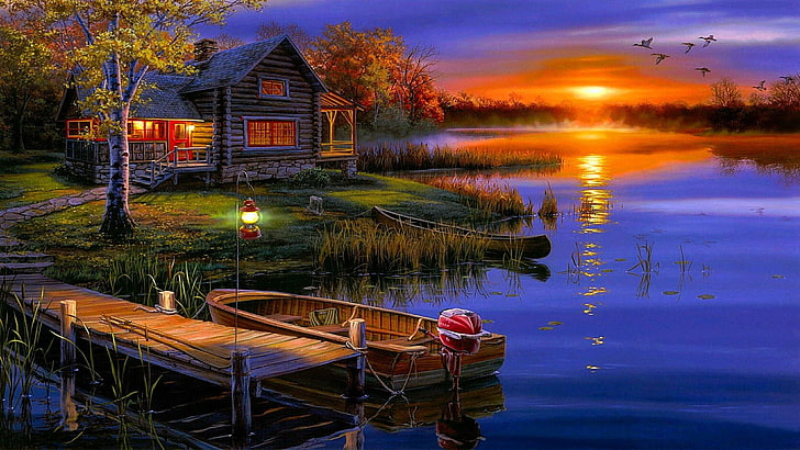 landscape, house, dock, pier, romantic, boat, night, home, sunset, HD wallpaper