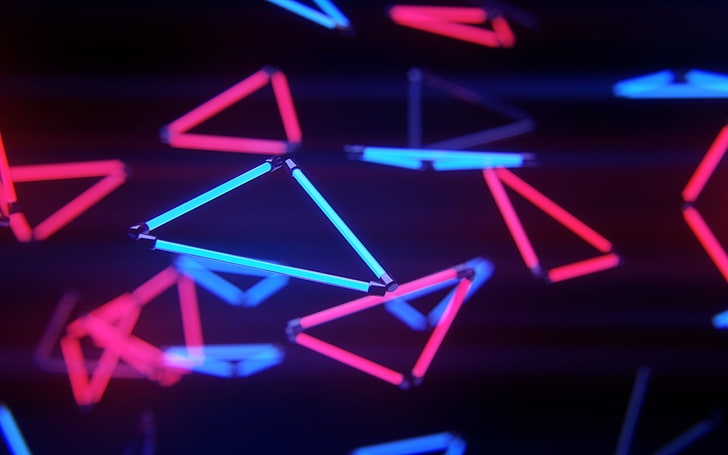 red and blue Led strips, neon, abstract, digital art, 3D, lights HD wallpaper