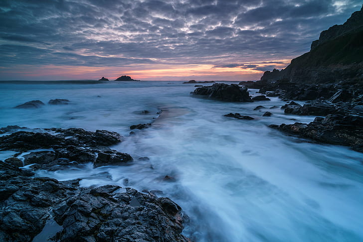 body of water near rock formation, cape cornwall, cape cornwall