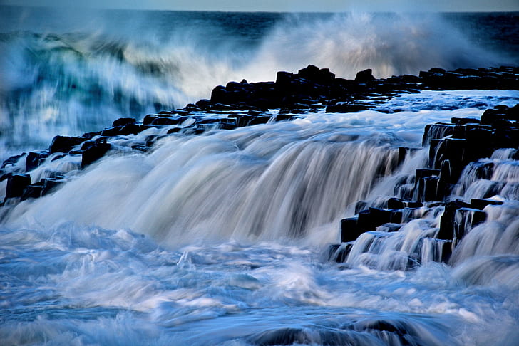 wave, element, cascade, Northern Ireland, Antrim, Giant's Causeway, HD wallpaper