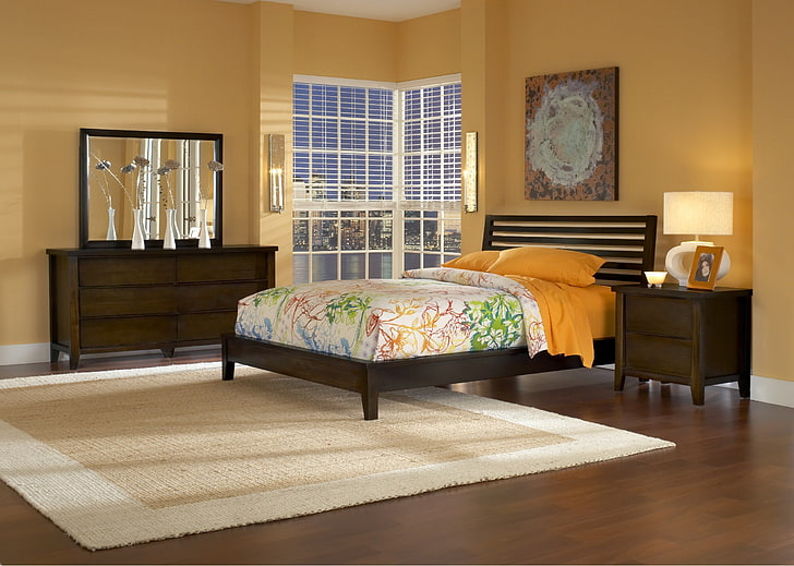 brown wooden 3-layer vanity dresser, nightstand, and bed, design, HD wallpaper