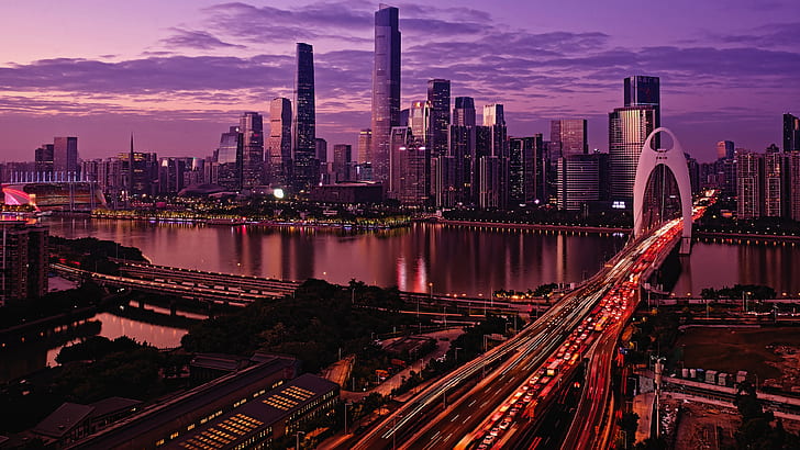 purple cityscape, guangzhou, canton, liede bridge, pearl river