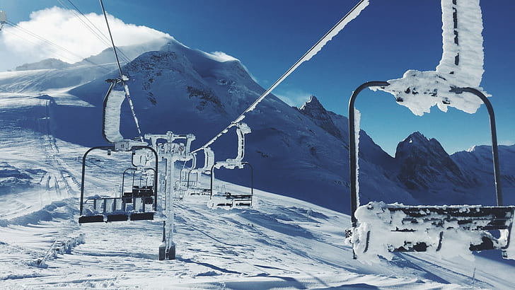 snow, winter, ski lifts, mountains, funicular, HD wallpaper