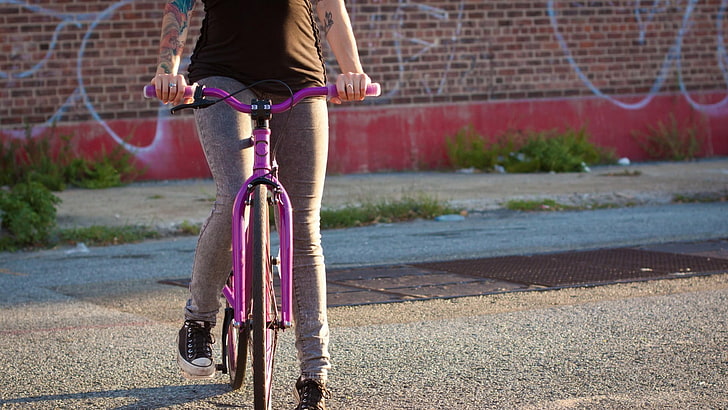 women, bicycle, nature, tattoo, women outdoors, urban, fixie, HD wallpaper