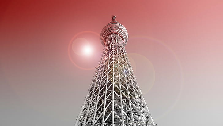 Skytree, tower, Japan, Tokyo, lens flare, gradient, architecture