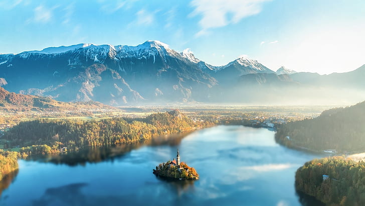 landscape, lake, Slovenia, Lake Bled, forest, mist, church, HD wallpaper
