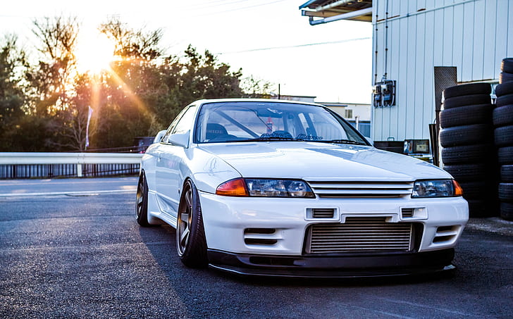 Nissan, gtr r32, skyline, white, car, front angle view, HD wallpaper