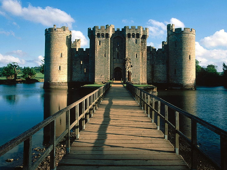 castle, bridge, Bodiam Castle, Sussex, England, water, architecture