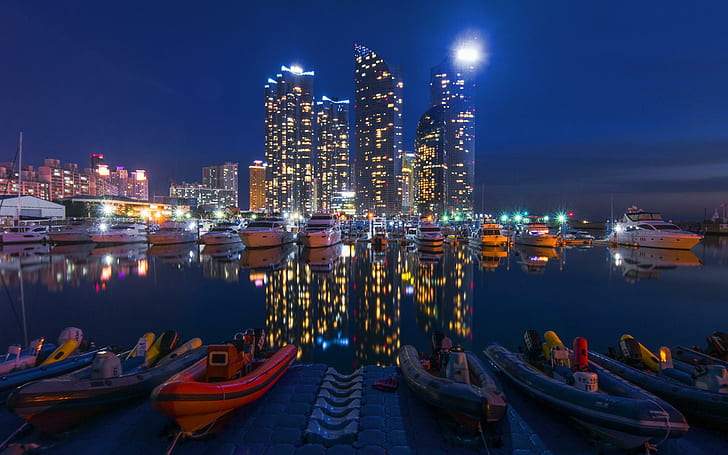 night city, buildings, night, sky, boats, HD wallpaper