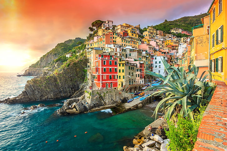 Cinque Terre, Italy, sea, rocks, coast, Villa, boats, houses
