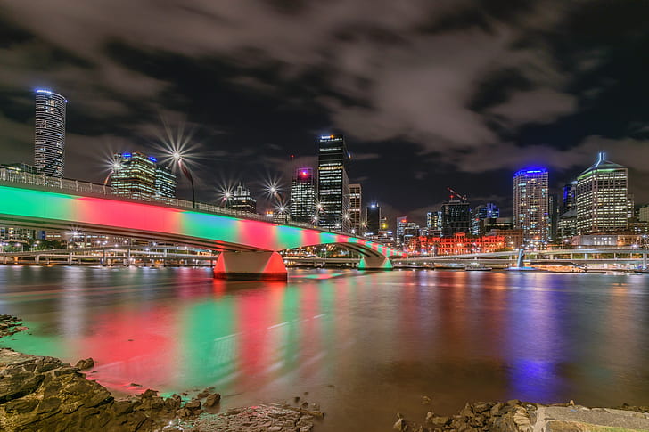 night, bridge, lights, river, skyscrapers, Australia, megapolis