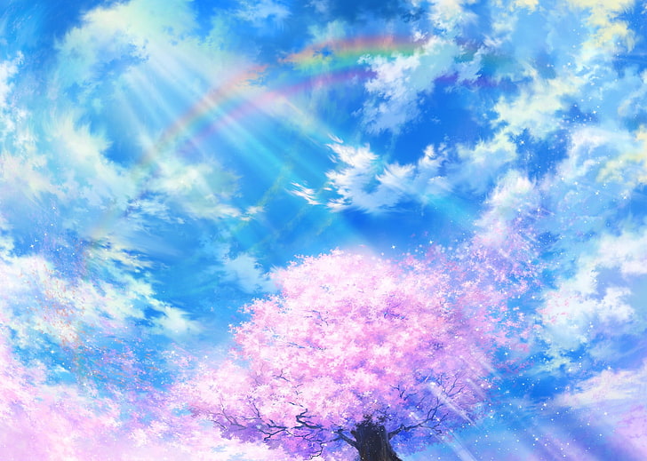 anime, landscape, sky, cloud - sky, beauty in nature, low angle view