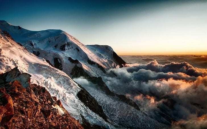 Nature, Mist, Landscape, Summit, Mountain, Sunset, Clouds, Snowy Peak, HD wallpaper