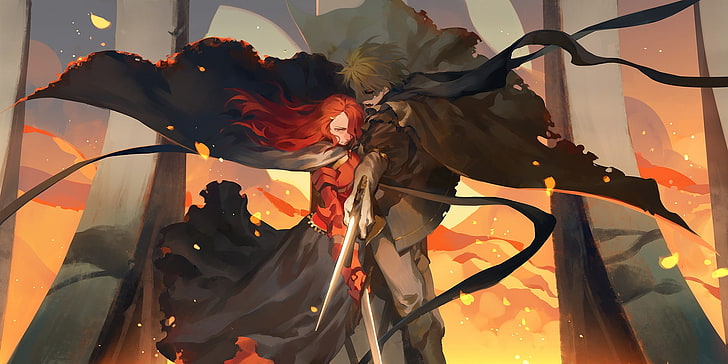 man and woman anime character illustration, sword, redhead, mask