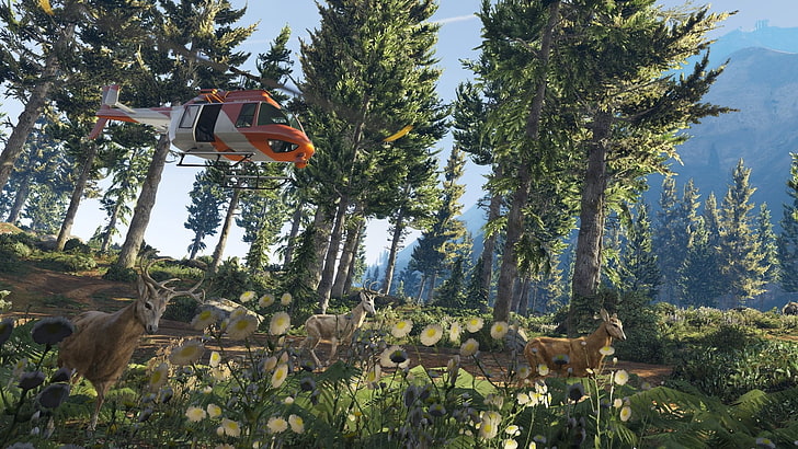 red and white helicopter, Grand Theft Auto V, video games, plant