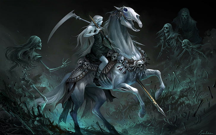 artwork, fantasy art, fantasy girl, skull, skeleton, horse riding, HD wallpaper