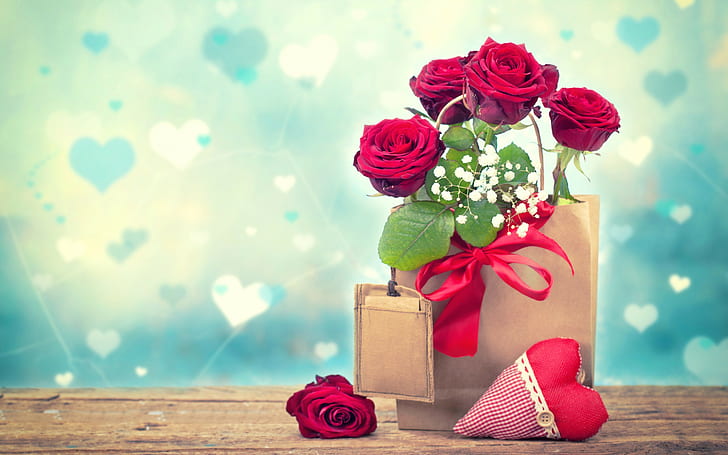 Valentine's Day, love, roses, heart, romantic, gift, HD wallpaper