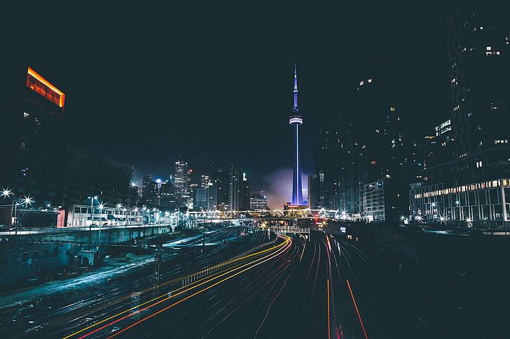 cityscape photo, city time lapse during night time, Toronto, railway, HD wallpaper