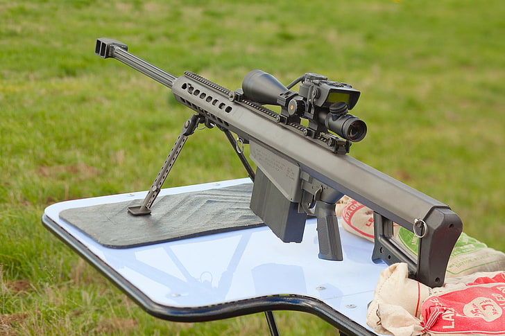 black sniper rifle, barrett m82, the rifle, grass, field, nature, HD wallpaper