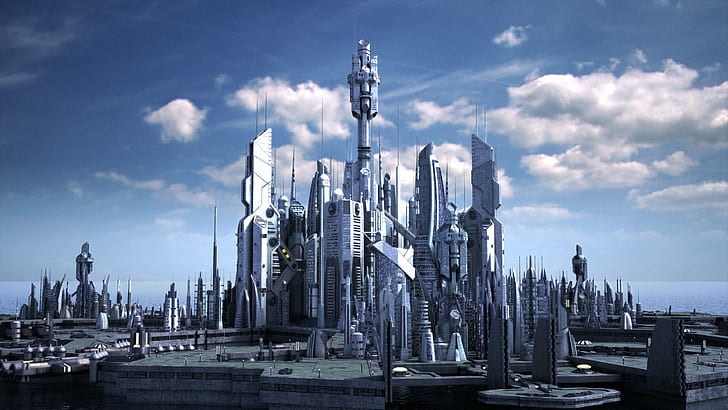clouds, fantasy art, futuristic city, science fiction, skyscraper, HD wallpaper
