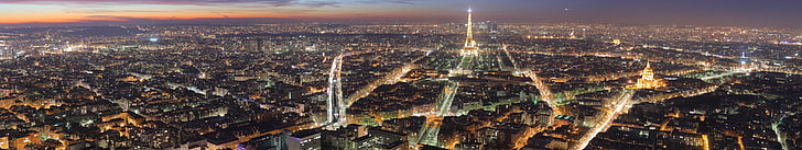 aerial photo of cityscape, Paris, Eiffel Tower, night, triple screen