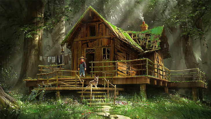 brown cabin house illustration, children, forest, dog, grass
